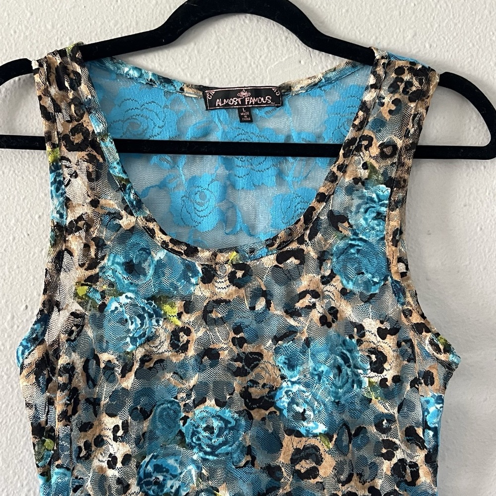 Almost Famous Y2K Sheer Lace Tank Top Large Blue Floral Leopard Print‎ 2000s - Picture 4 of 6